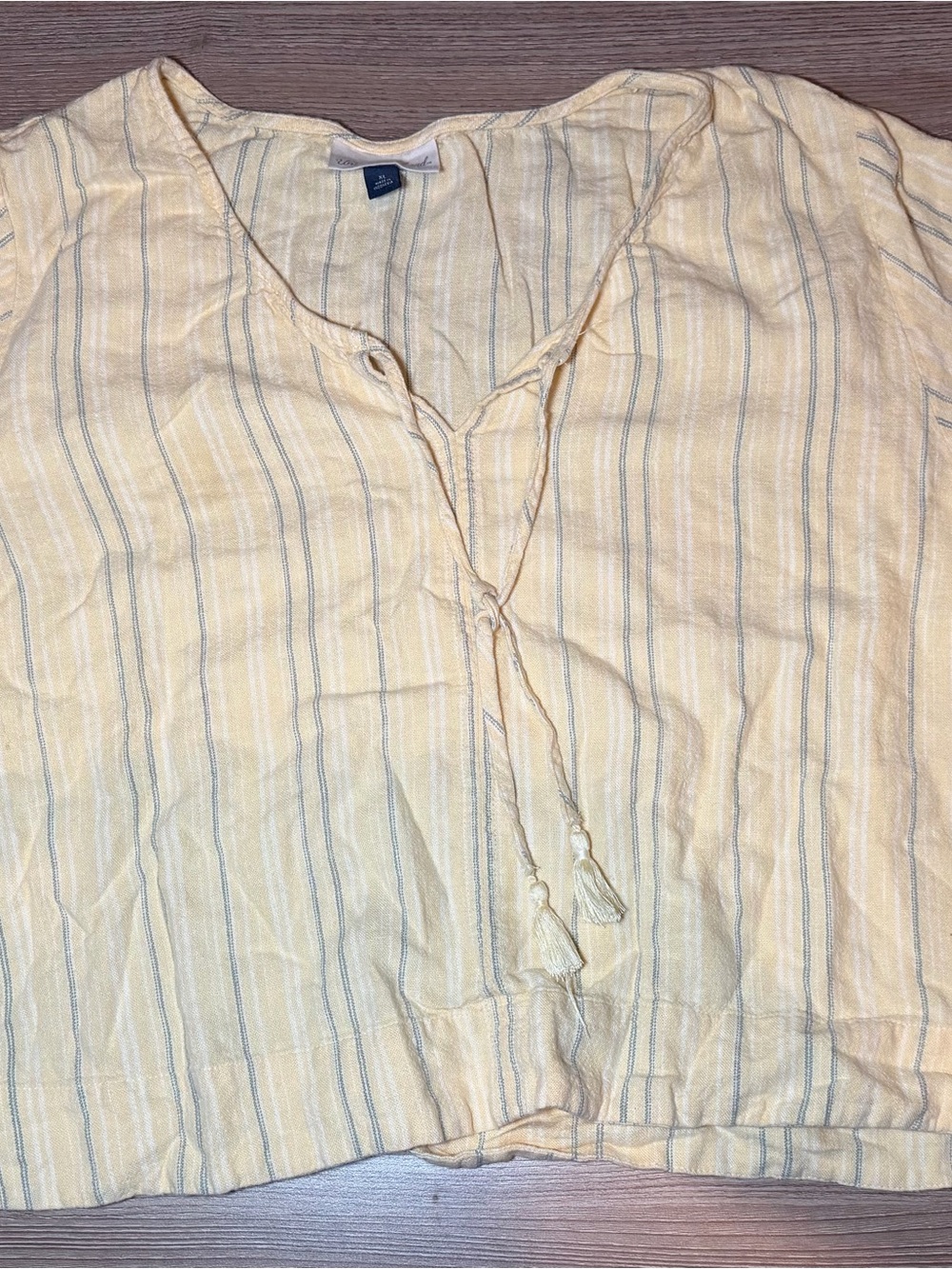Universal Thread Pale Yellow Striped Tassel Tie Women’s Blouse